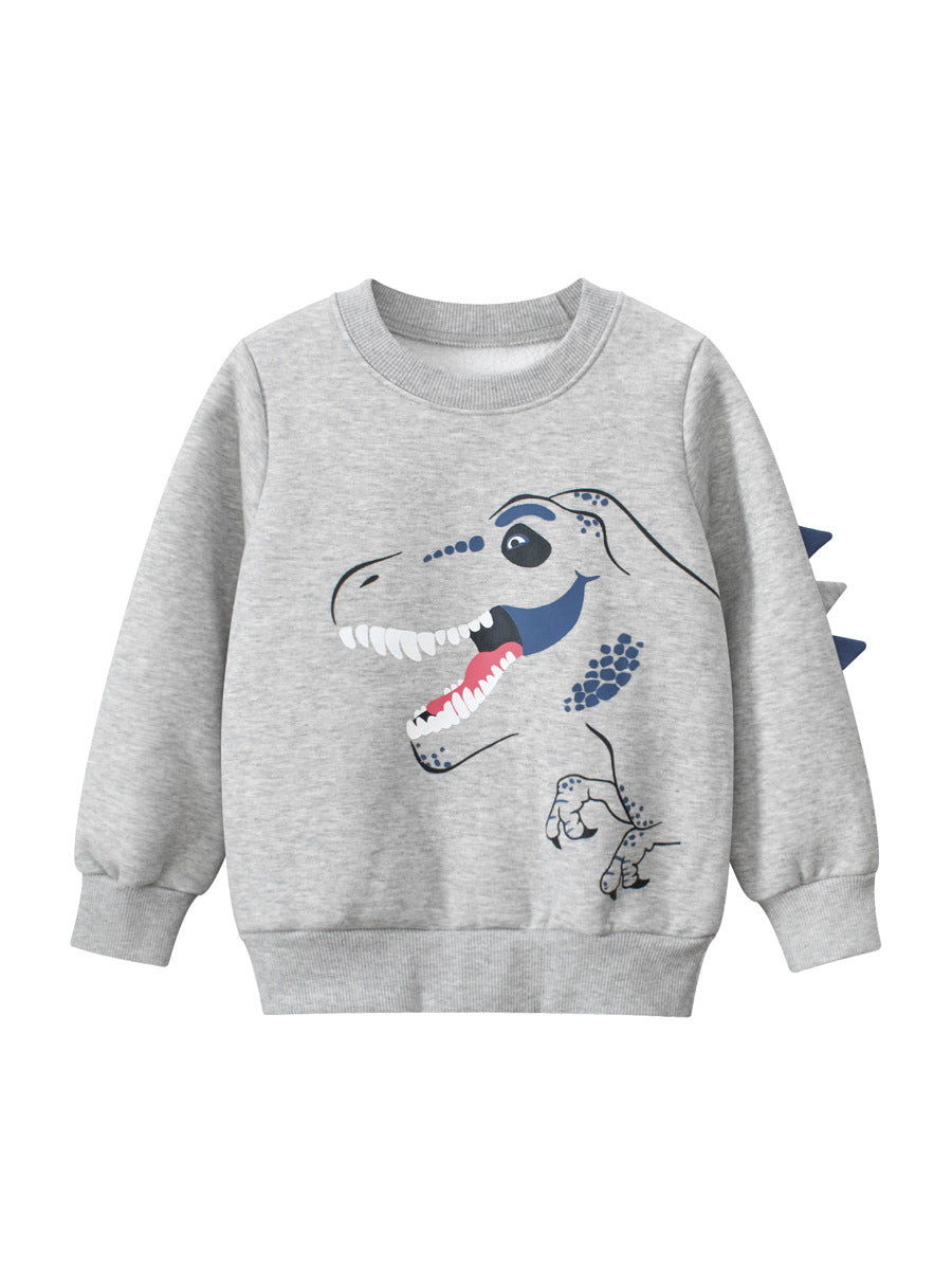 Baby boys long sleeve thick shirt featuring a colorful dinosaur cartoon design, available in blue, green, and grey.