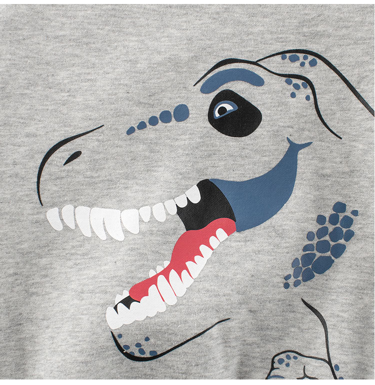 Baby boys long sleeve thick shirt featuring a colorful dinosaur cartoon design, available in blue, green, and grey.