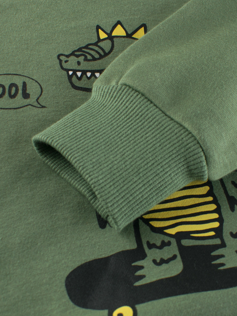 Baby boys long sleeve thick shirt featuring a colorful dinosaur cartoon design, available in blue, green, and grey.