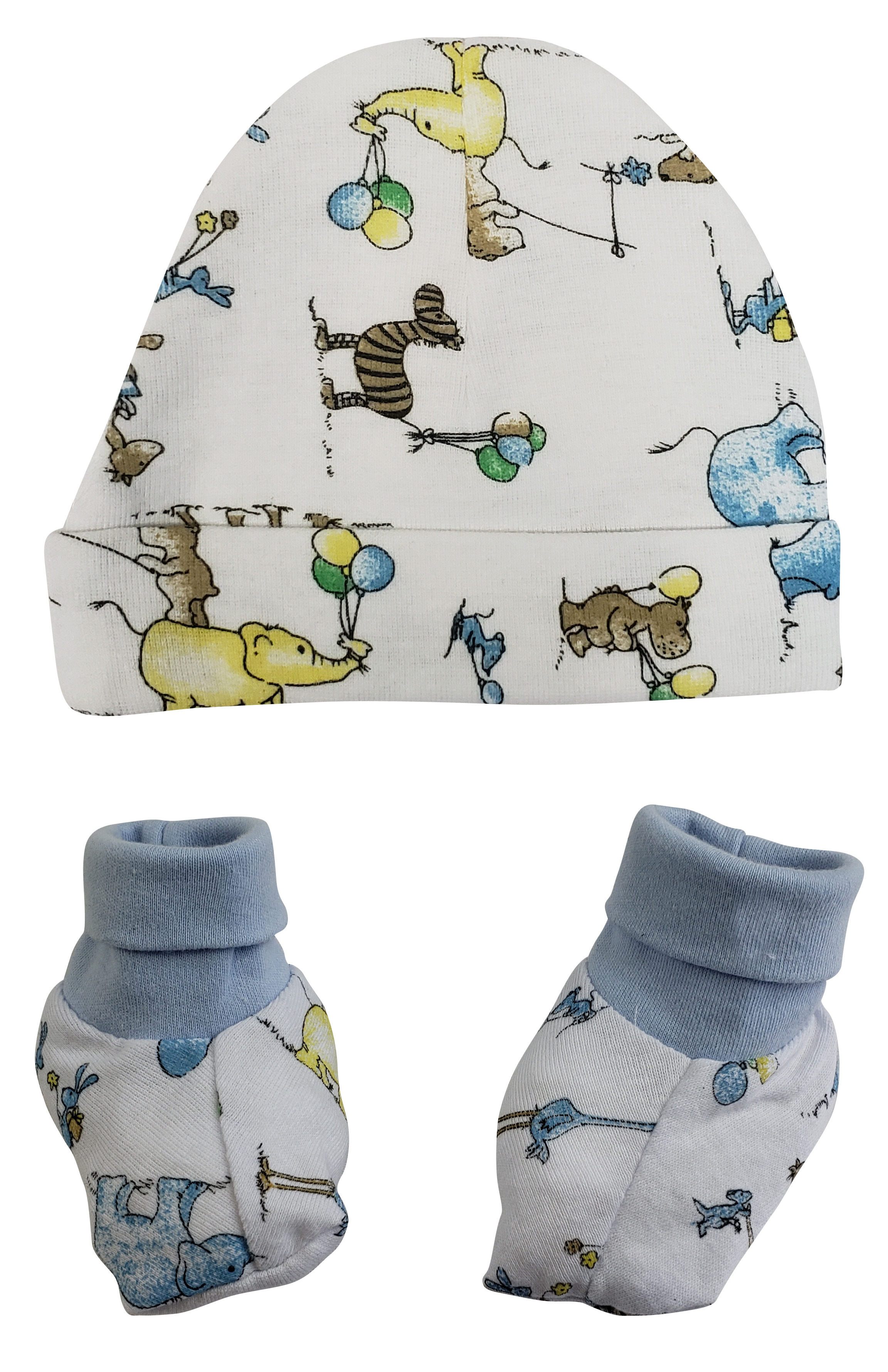 A soft and cozy baby cap and bootie set made from 100% cotton, featuring a rib knit design in a neutral color, perfect for infants.