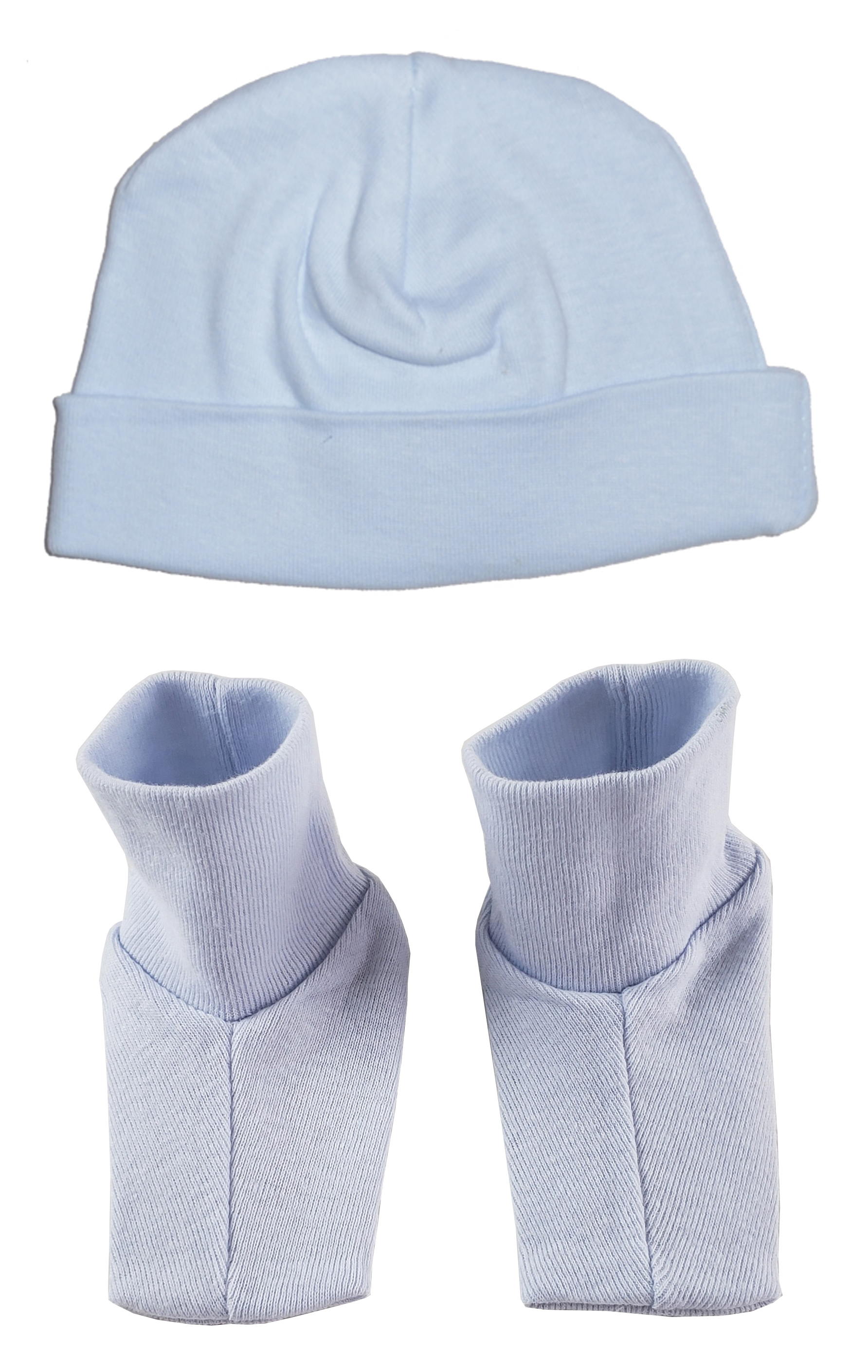 A soft blue baby cap and bootie set made from 100% cotton, perfect for newborns.