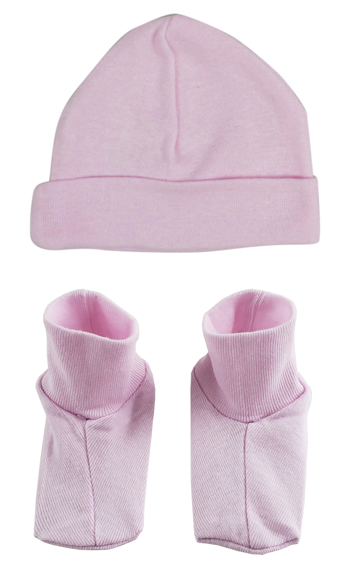 A pink baby cap and bootie set made from soft 100% cotton, perfect for newborns.