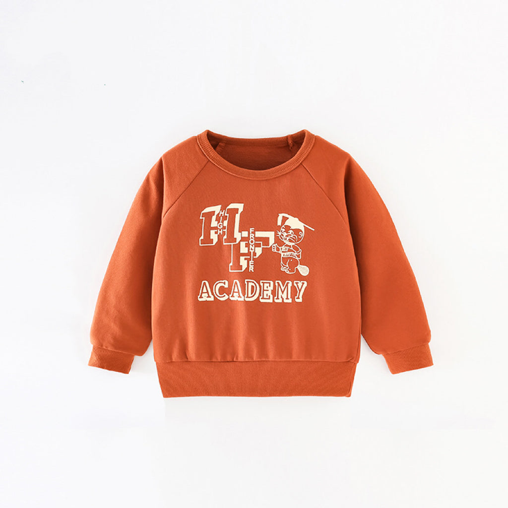 A vibrant orange baby hoodie featuring cartoon and letters print, designed for comfort and style.