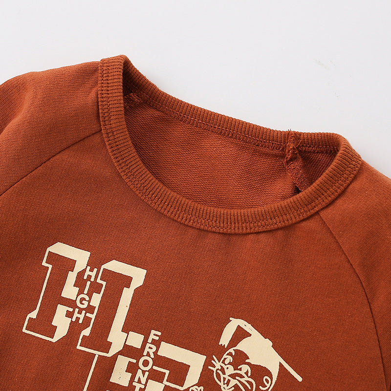 A vibrant orange baby hoodie featuring cartoon and letters print, designed for comfort and style.