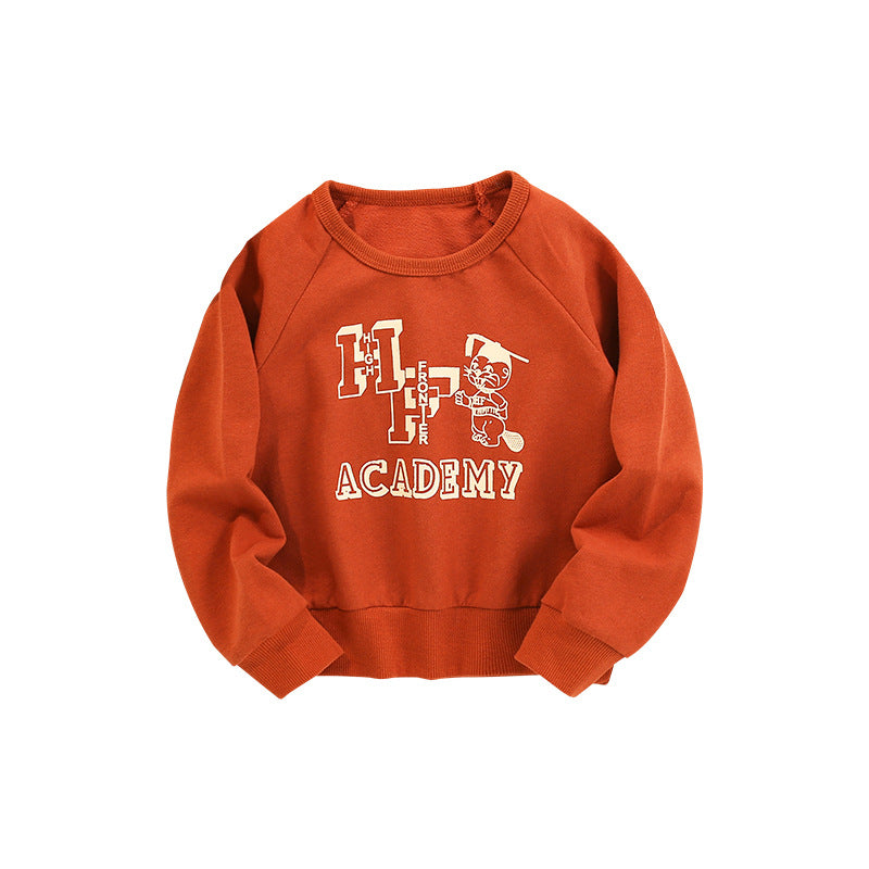 A vibrant orange baby hoodie featuring cartoon and letters print, designed for comfort and style.