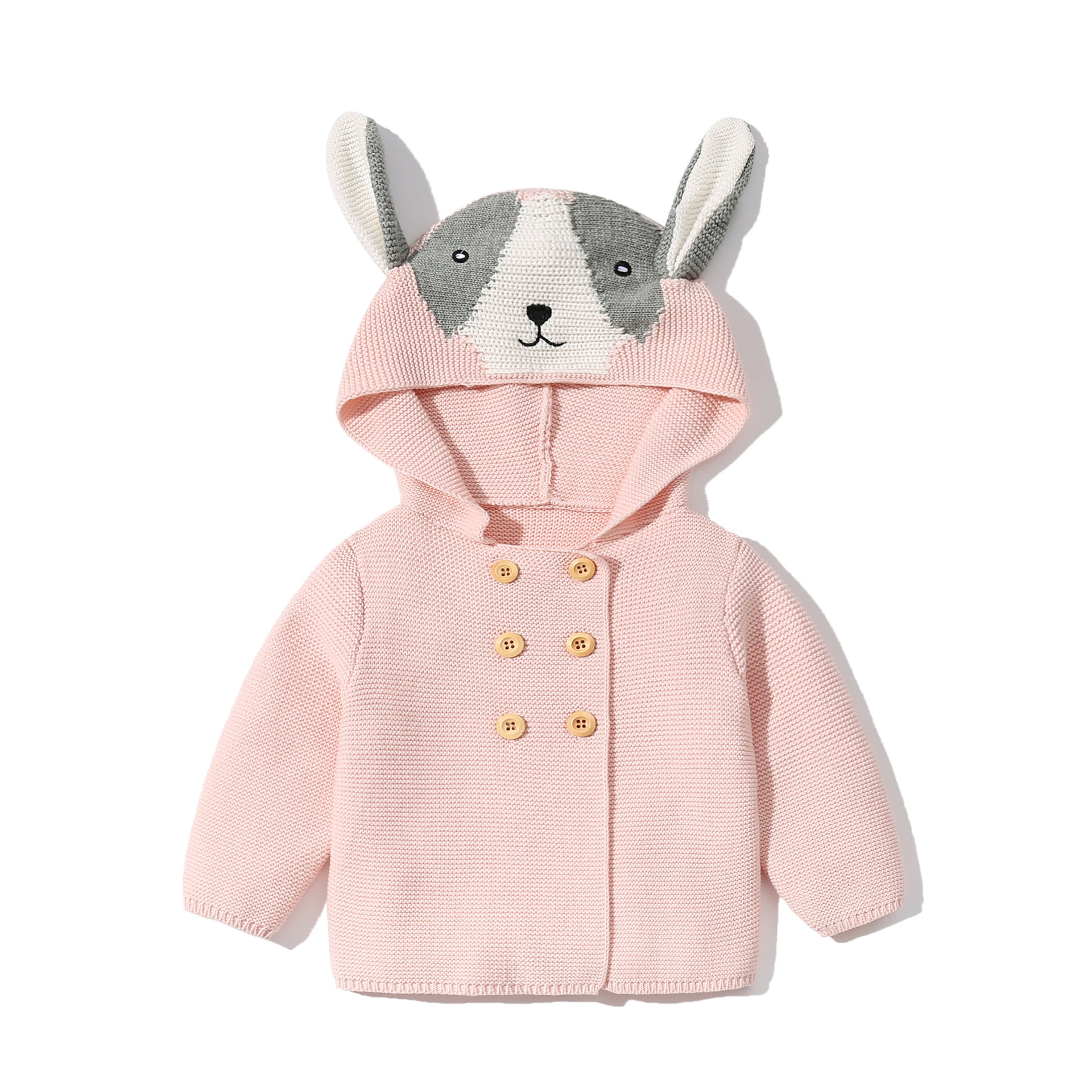 A vibrant baby cardigan featuring cartoon animal embroidery in pink and khaki colors, perfect for chilly weather.