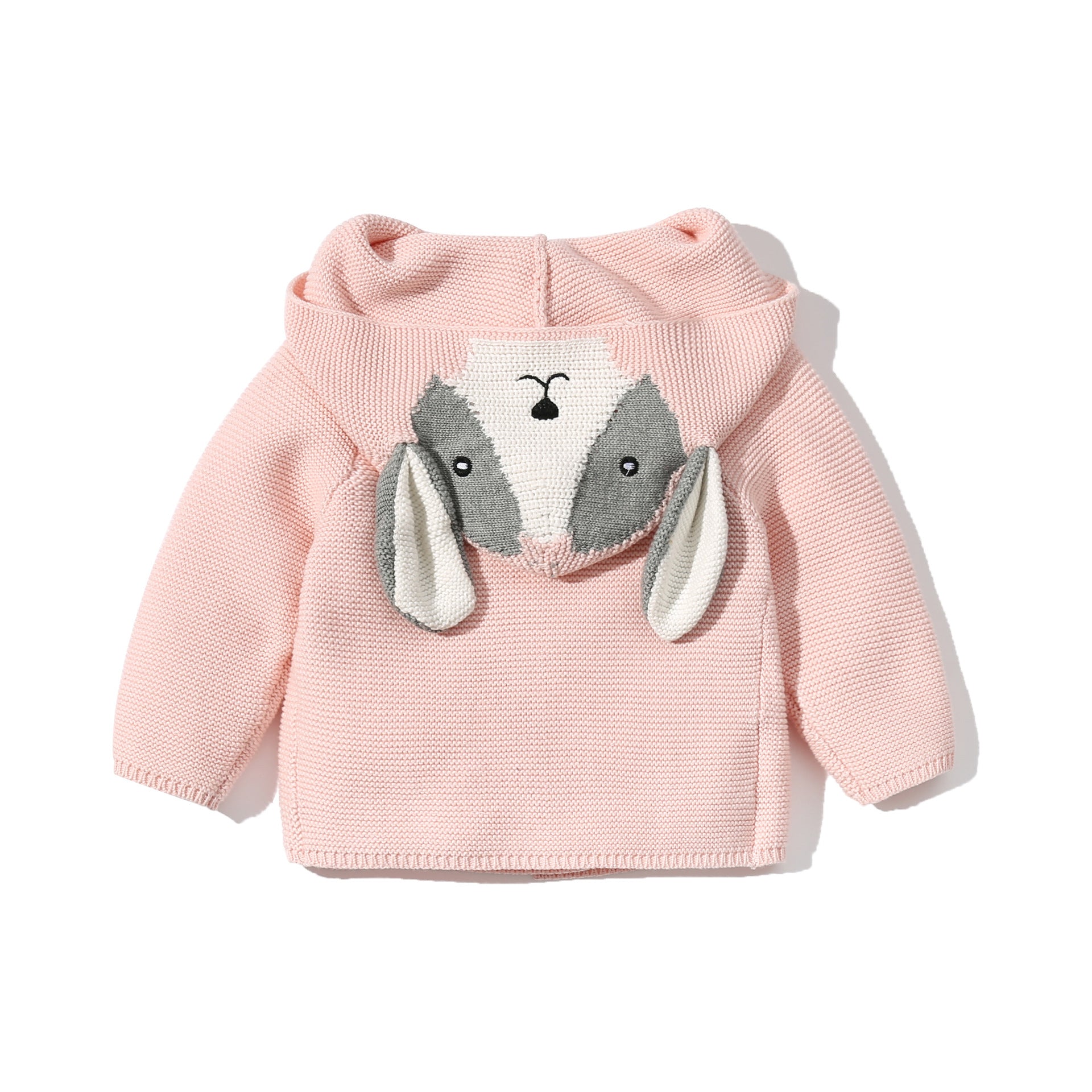 A vibrant baby cardigan featuring cartoon animal embroidery in pink and khaki colors, perfect for chilly weather.