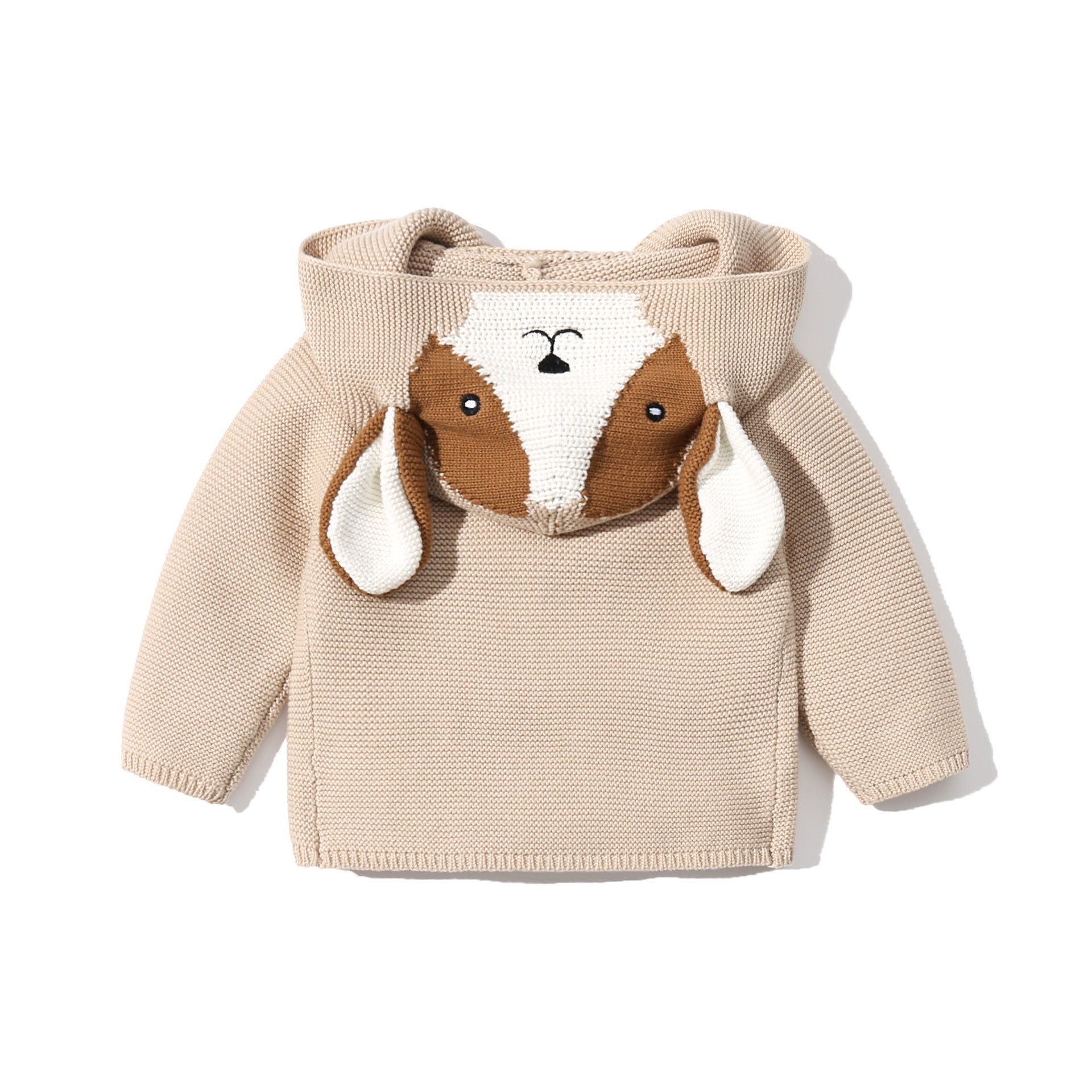 A vibrant baby cardigan featuring cartoon animal embroidery in pink and khaki colors, perfect for chilly weather.