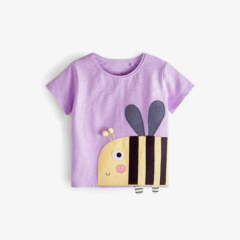 Baby Cartoon Animal Patched Graphic Short Sleeve O-Neck Design Tops in purple and yellow, featuring playful animal designs.