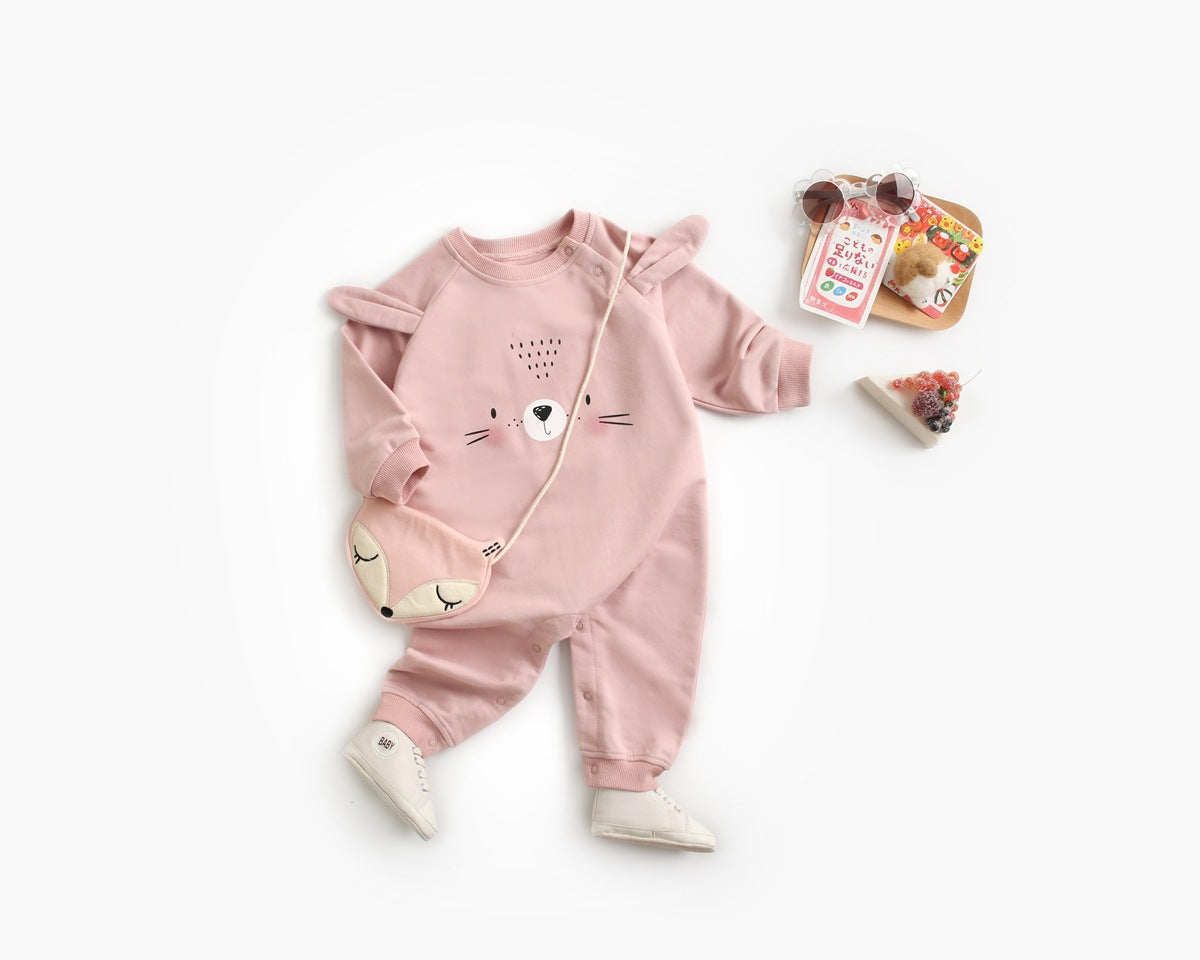 A soft cotton baby romper featuring a cute cartoon animal pattern, designed for comfort with long sleeves and footed legs.