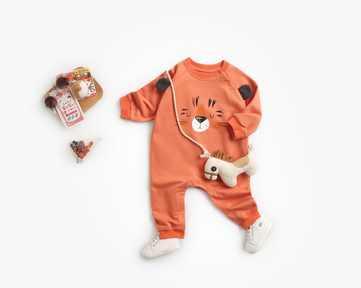 A soft cotton baby romper featuring a cute cartoon animal pattern, designed for comfort with long sleeves and footed legs.