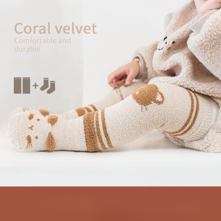 A pair of warm long socks for babies featuring a colorful cartoon animal print pattern, designed for comfort and safety.