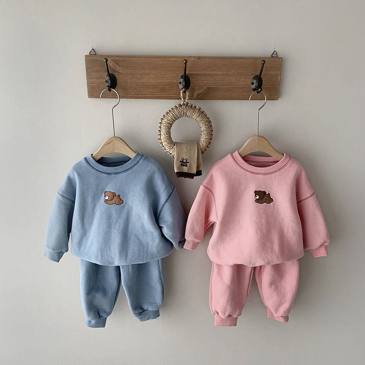 Baby Cartoon Bear Patched Graphic Hoodie with Solid Trousers in pink, blue, beige, and coffee colors, showcasing a cute bear design.