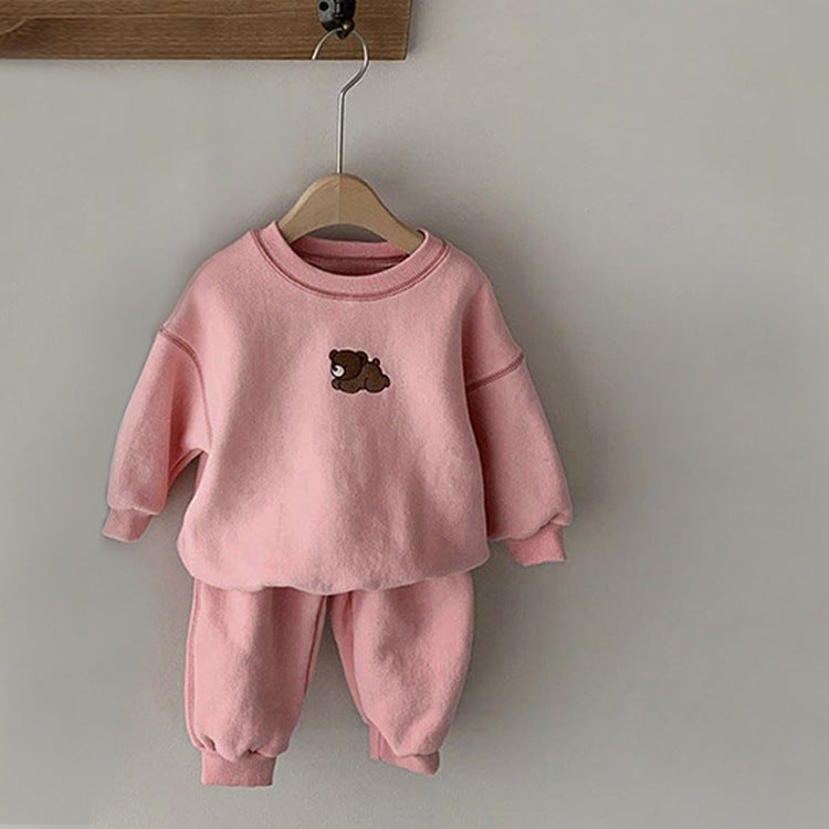 Baby Cartoon Bear Patched Graphic Hoodie with Solid Trousers in pink, blue, beige, and coffee colors, showcasing a cute bear design.