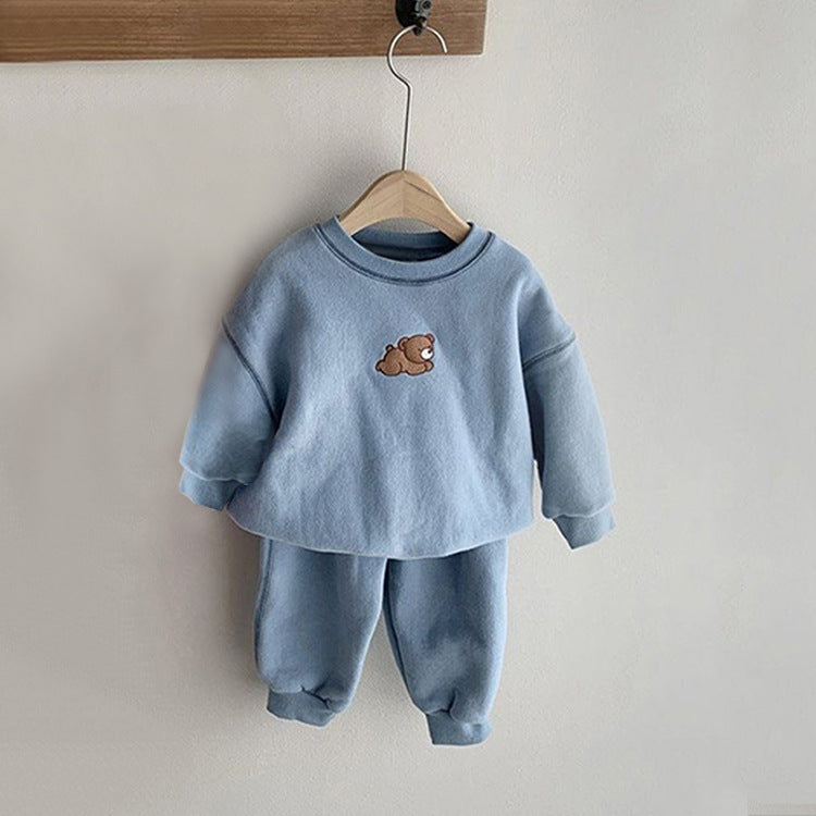 Baby Cartoon Bear Patched Graphic Hoodie with Solid Trousers in pink, blue, beige, and coffee colors, showcasing a cute bear design.