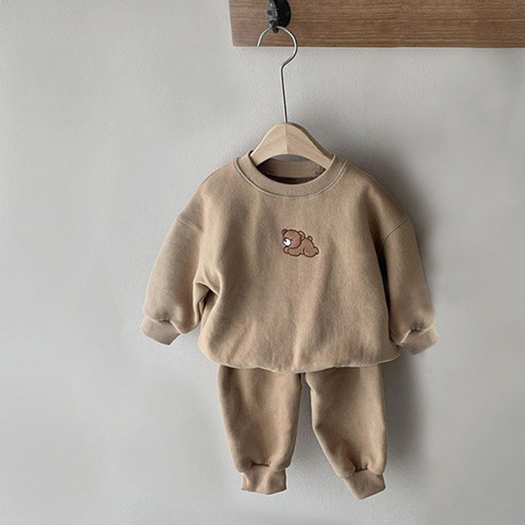 Baby Cartoon Bear Patched Graphic Hoodie with Solid Trousers in pink, blue, beige, and coffee colors, showcasing a cute bear design.