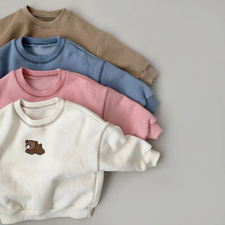 Baby Cartoon Bear Patched Graphic Hoodie with Solid Trousers in pink, blue, beige, and coffee colors, showcasing a cute bear design.