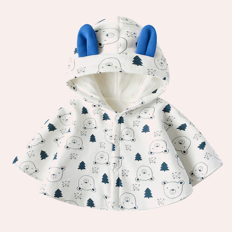 A cozy Baby Cartoon Bear Print Pattern Thickened Cape Cute Shawl in white, featuring a playful cartoon bear design, perfect for babies.