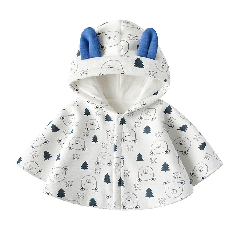 A cozy Baby Cartoon Bear Print Pattern Thickened Cape Cute Shawl in white, featuring a playful cartoon bear design, perfect for babies.