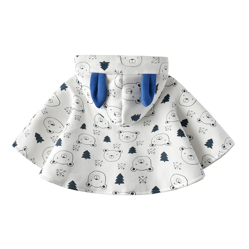 A cozy Baby Cartoon Bear Print Pattern Thickened Cape Cute Shawl in white, featuring a playful cartoon bear design, perfect for babies.