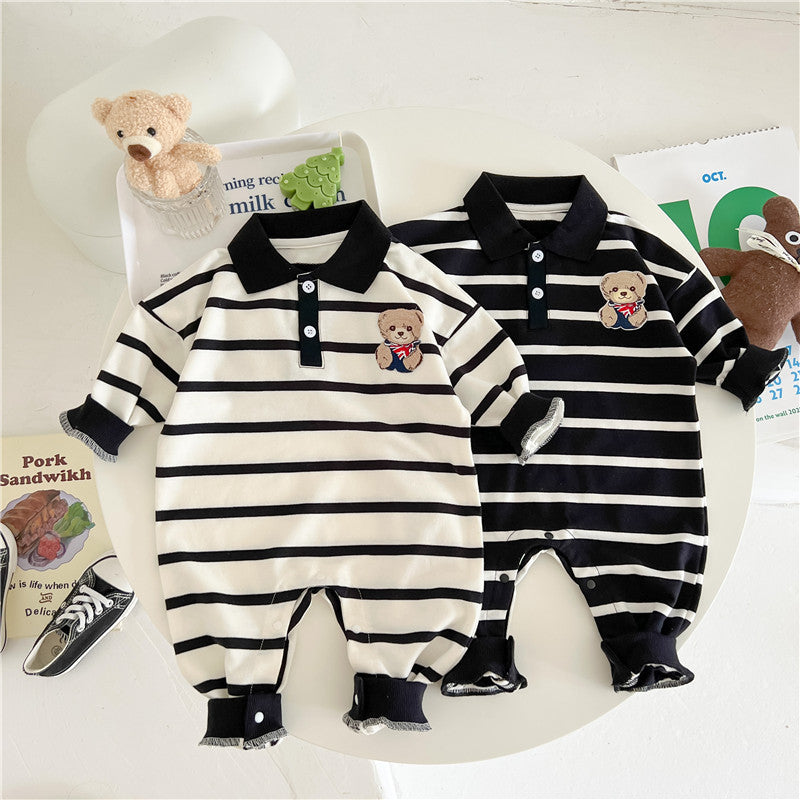 Baby Cartoon Bear Print Polo Neck Long Sleeve Romper in white with striped pattern, featuring a cute bear design.