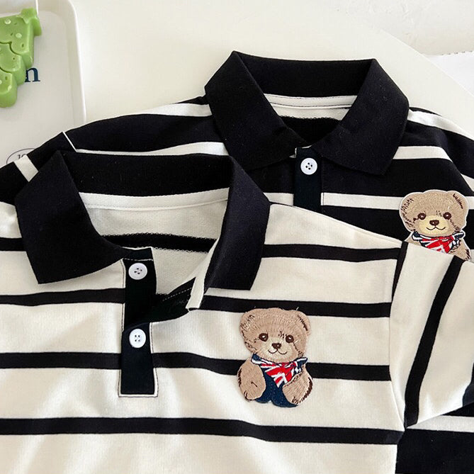 Baby Cartoon Bear Print Polo Neck Long Sleeve Romper in white with striped pattern, featuring a cute bear design.