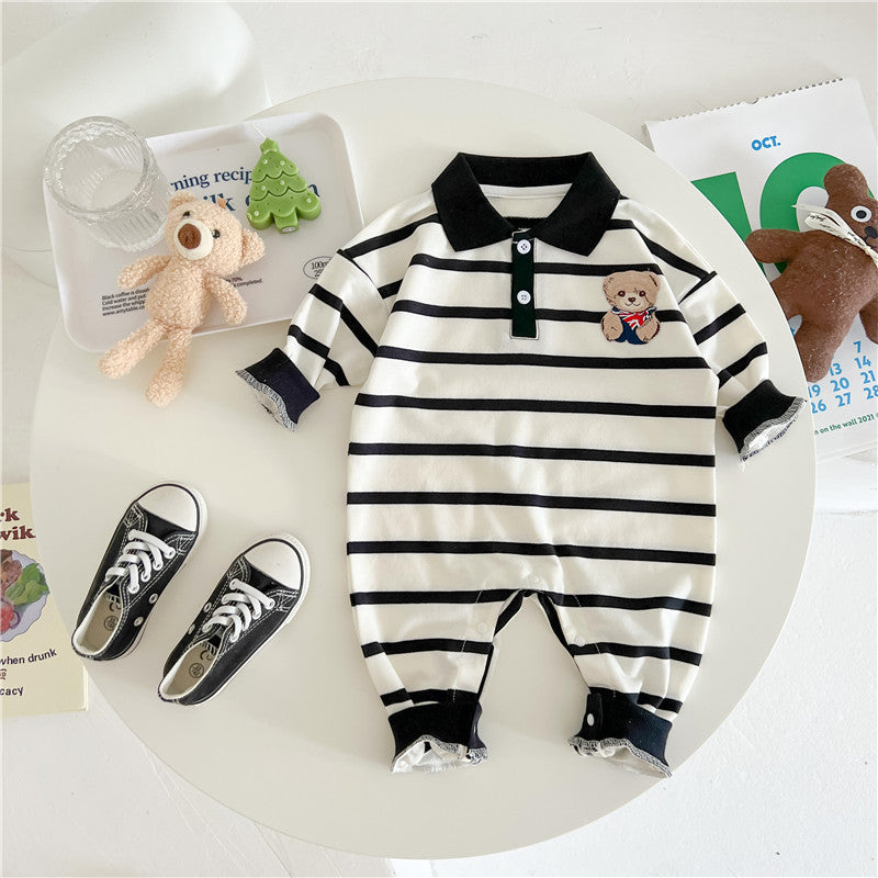 Baby Cartoon Bear Print Polo Neck Long Sleeve Romper in white with striped pattern, featuring a cute bear design.