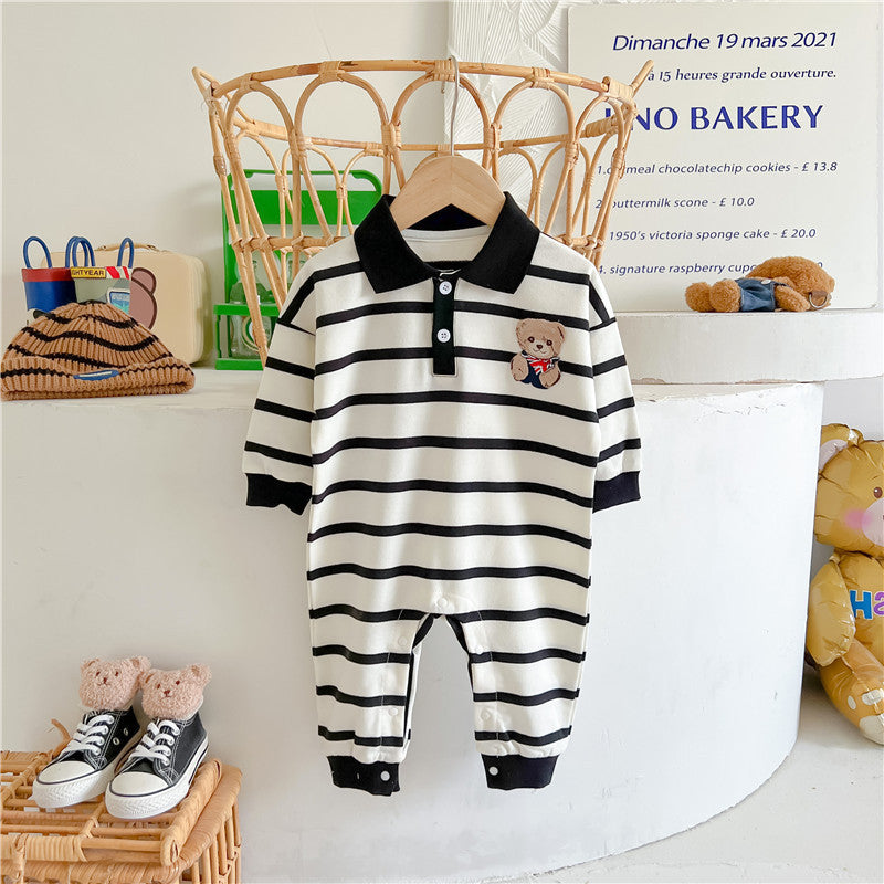 Baby Cartoon Bear Print Polo Neck Long Sleeve Romper in white with striped pattern, featuring a cute bear design.