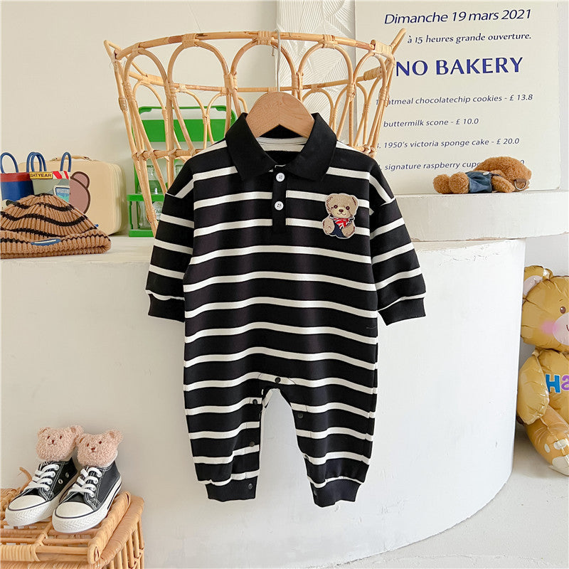 Baby Cartoon Bear Print Polo Neck Long Sleeve Romper in white with striped pattern, featuring a cute bear design.