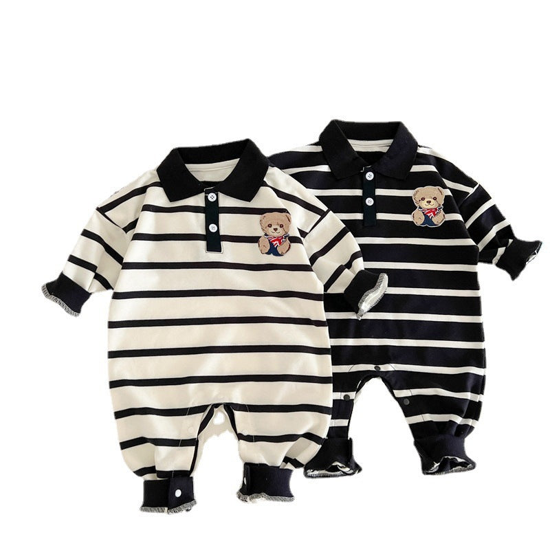 Baby Cartoon Bear Print Polo Neck Long Sleeve Romper in white with striped pattern, featuring a cute bear design.