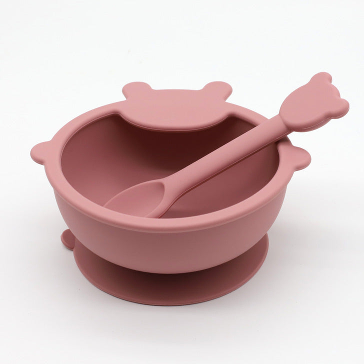 Baby Cartoon Bear Shape Silicone Bowl with Spoon Set in various colors, designed for toddlers to enjoy mealtime safely.