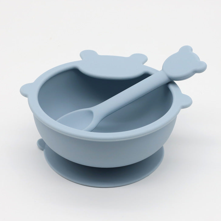 Baby Cartoon Bear Shape Silicone Bowl with Spoon Set in various colors, designed for toddlers to enjoy mealtime safely.