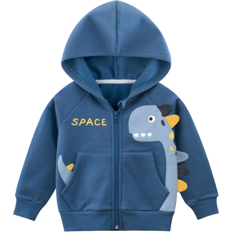 Baby wearing a navy blue cartoon dinosaur fleece coat with a cozy hood and matching hat, smiling and ready for adventure.