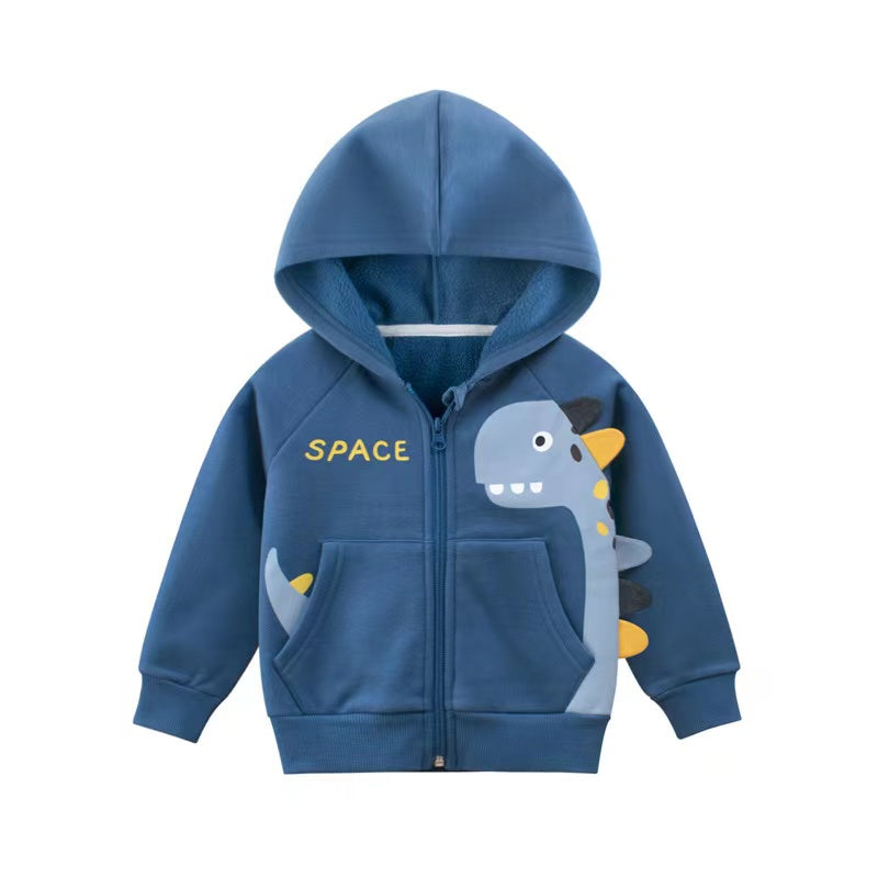 Baby wearing a navy blue cartoon dinosaur fleece coat with a cozy hood and matching hat, smiling and ready for adventure.