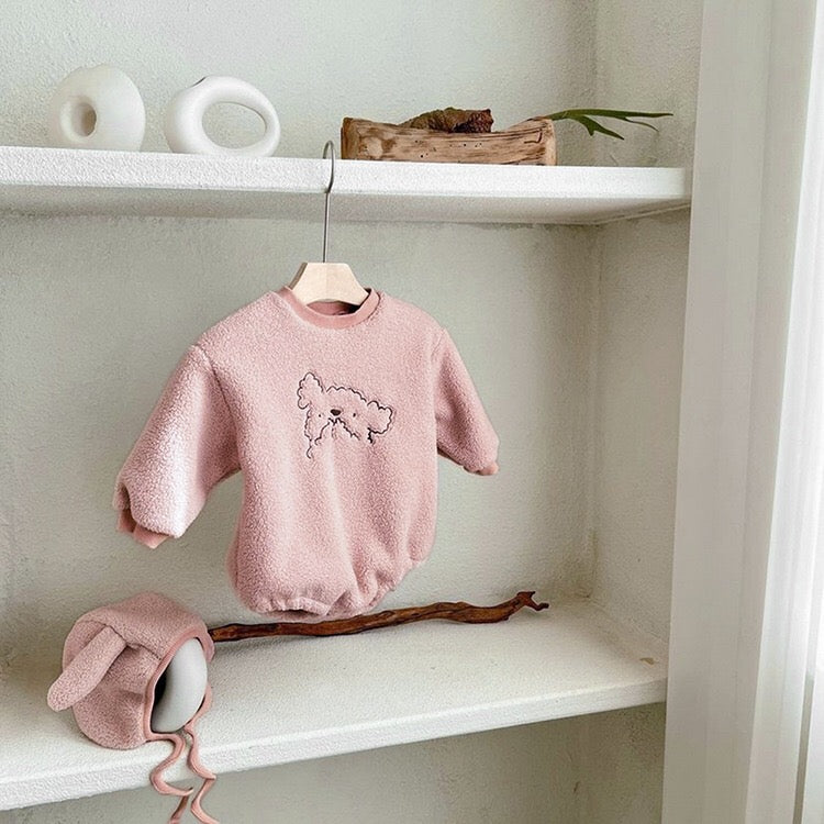 Baby Cartoon Embroidered Pattern Long Sleeve Velvet Onesies in white and pink colors, featuring soft velvet fabric and playful embroidery.