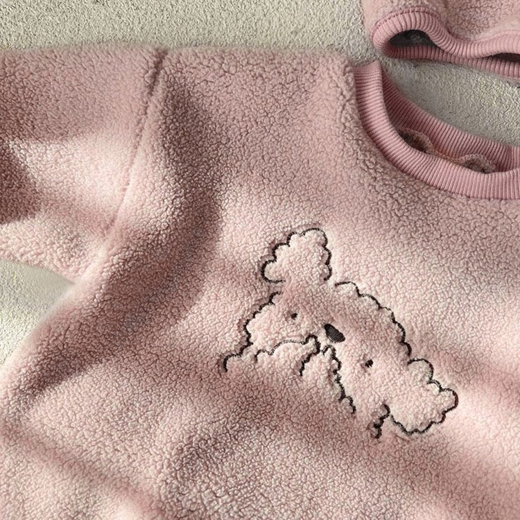 Baby Cartoon Embroidered Pattern Long Sleeve Velvet Onesies in white and pink colors, featuring soft velvet fabric and playful embroidery.