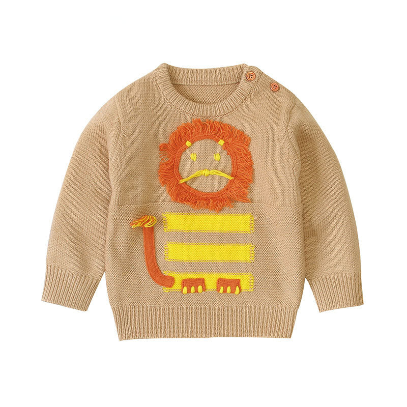 A cozy baby pullover sweater featuring a cute embroidered cartoon lion pattern, available in grey and brown colors, perfect for infants.