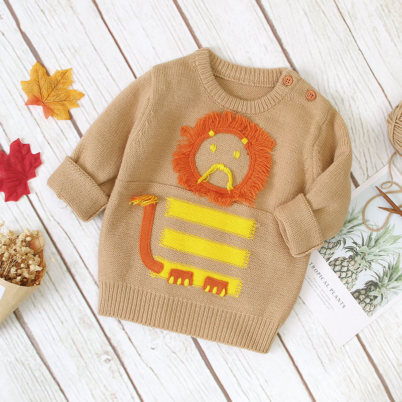 A cozy baby pullover sweater featuring a cute embroidered cartoon lion pattern, available in grey and brown colors, perfect for infants.