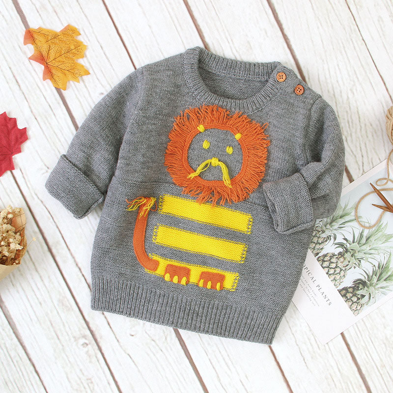 A cozy baby pullover sweater featuring a cute embroidered cartoon lion pattern, available in grey and brown colors, perfect for infants.