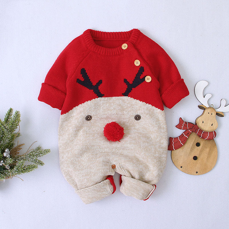 Baby Cartoon Pattern Contrast Design Side Button Christmas Knitted Romper in red and navy blue, featuring a playful cartoon design and side buttons.