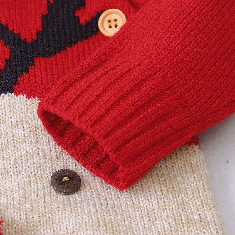 Baby Cartoon Pattern Contrast Design Side Button Christmas Knitted Romper in red and navy blue, featuring a playful cartoon design and side buttons.