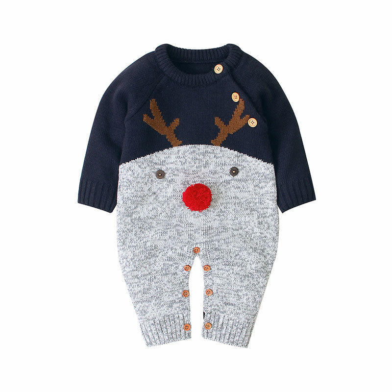 Baby Cartoon Pattern Contrast Design Side Button Christmas Knitted Romper in red and navy blue, featuring a playful cartoon design and side buttons.