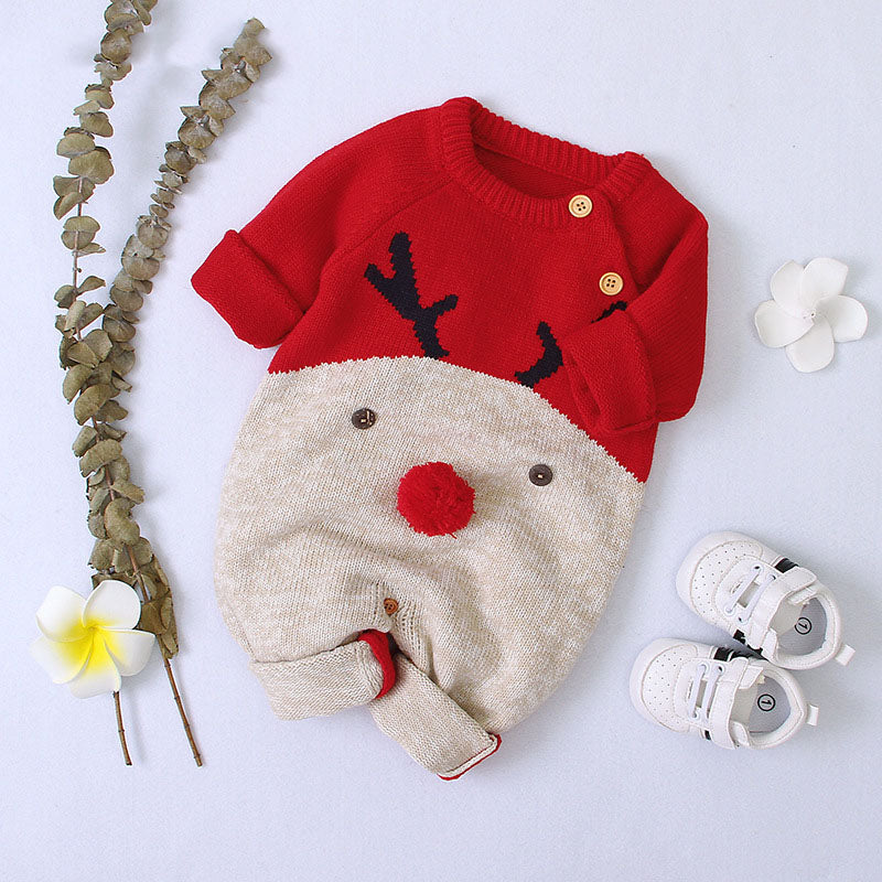 Baby Cartoon Pattern Contrast Design Side Button Christmas Knitted Romper in red and navy blue, featuring a playful cartoon design and side buttons.