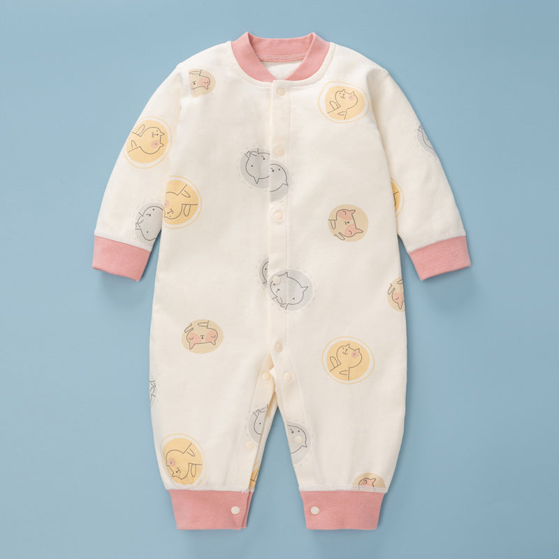 Baby Cartoon Pattern Full Single Breasted Thermal Jumpsuit in pink with cartoon designs, suitable for infants and toddlers.