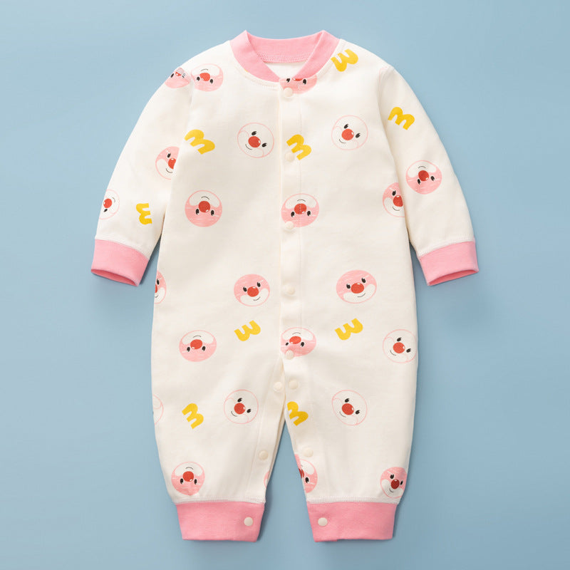 Baby Cartoon Pattern Full Single Breasted Thermal Jumpsuit in pink with cartoon designs, suitable for infants and toddlers.