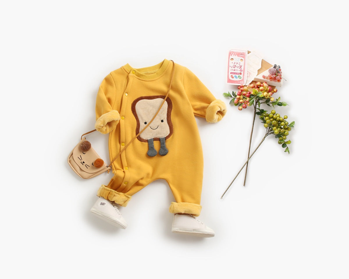 Baby wearing a long sleeved romper with cartoon patterns and side snap buttons, showcasing comfort and style.