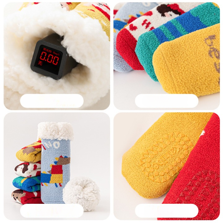 A pair of Baby Cartoon Pattern Thickened Lambswool Coral Fleece Socks in vibrant colors featuring playful cartoon designs, perfect for keeping little feet warm.