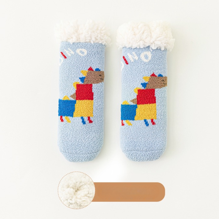 A pair of Baby Cartoon Pattern Thickened Lambswool Coral Fleece Socks in vibrant colors featuring playful cartoon designs, perfect for keeping little feet warm.