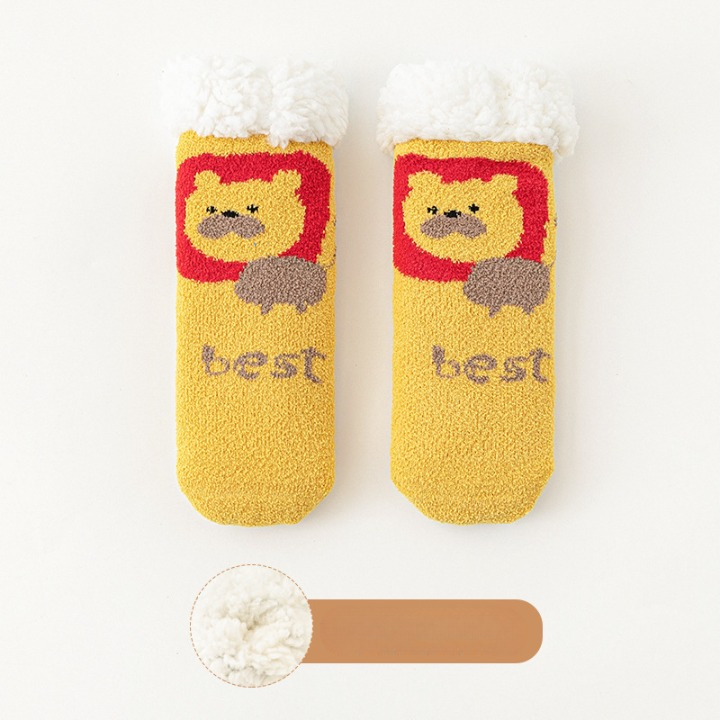 A pair of Baby Cartoon Pattern Thickened Lambswool Coral Fleece Socks in vibrant colors featuring playful cartoon designs, perfect for keeping little feet warm.