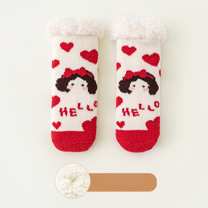 A pair of Baby Cartoon Pattern Thickened Lambswool Coral Fleece Socks in vibrant colors featuring playful cartoon designs, perfect for keeping little feet warm.